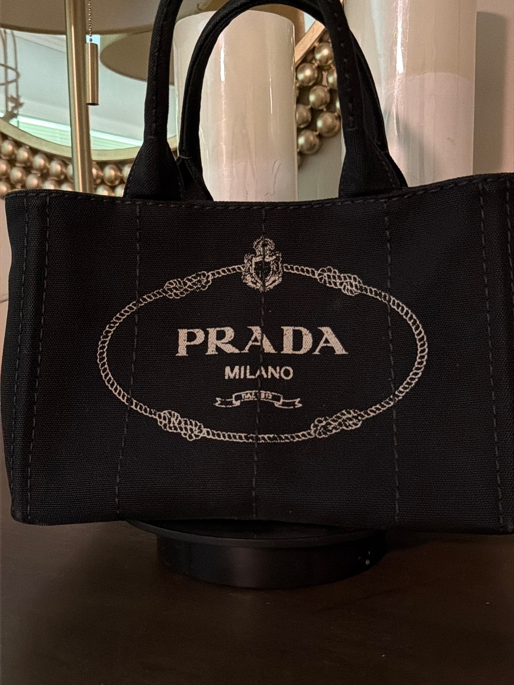 Prada Black Canvas Mini Tote with White Logo